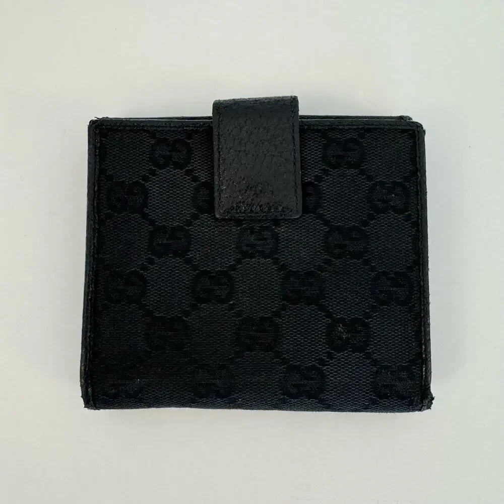 Gucci Double Sided Canvas GG Logo Leather Trim Bifold Wallet Black - Picture 2 of 15